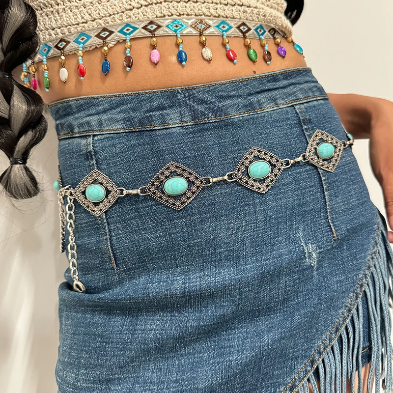 Fashion Silver Bohemian female circular waist chain blue gemstone Ellipse chain belts for women suitable for Skirts dress 250715