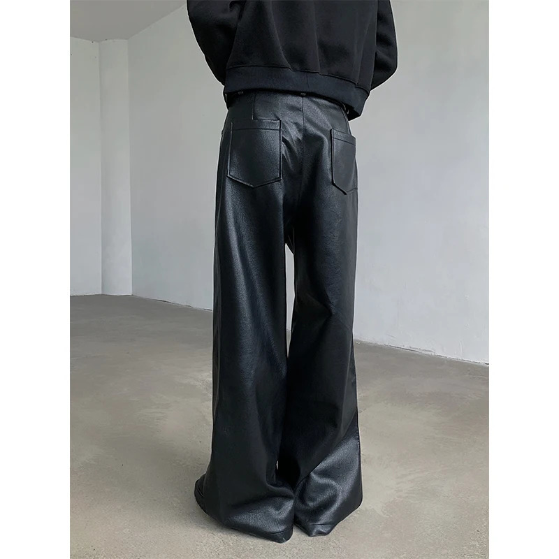 Autumn Winter Punk Mens PU Leather Pants Fashion Black Hipcool Men Zipper Wideleg Mopping Trousers Allmatch Windproof 250704