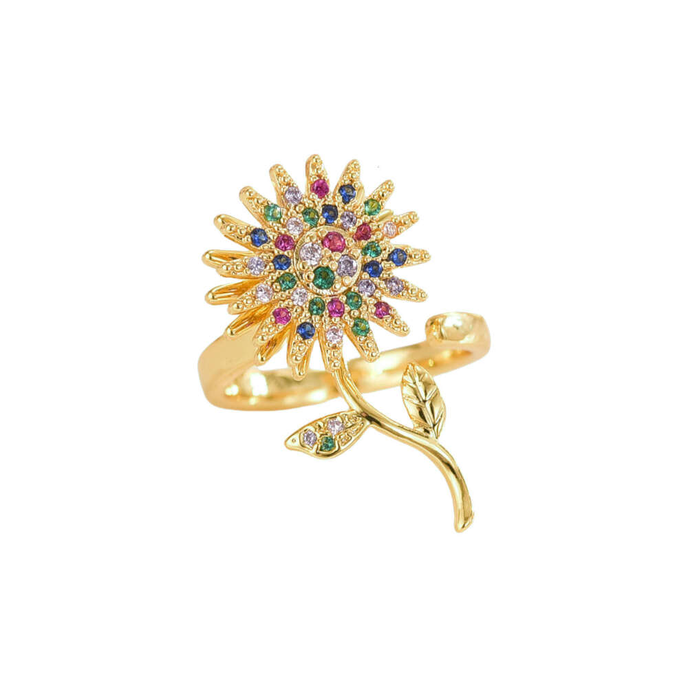 Real Gold Color Retention Lucky Clover Korean Style Inlaid Diamond Fortune Rotating Fashion Adjustable Open Ring D53