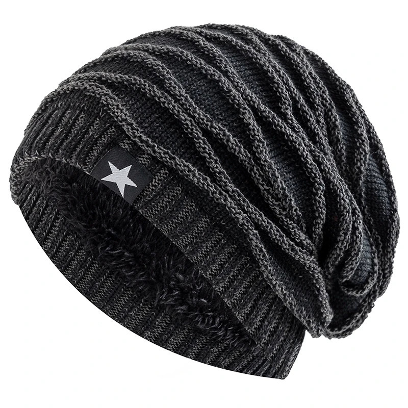 Unisex Slouchy Winter Hats Add Fur Lined Men And Women Warm Beanie Cap Casual Five-pointed Star Decor Winter Knitted Hats 250717