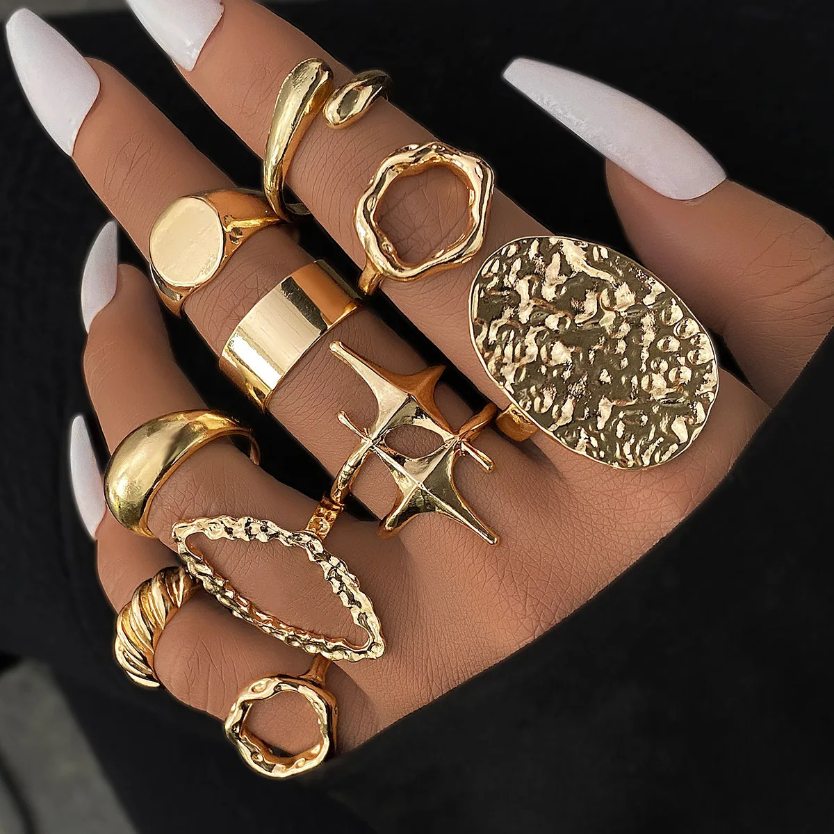 15Pcs/Set Fashion Punk Metal Irregular Lava Open Lines Water Droplet Lava Star Rings Set For Women Punk Geometric Smooth Jewelry 250716