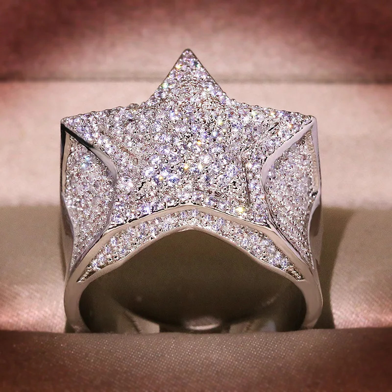 925 Silver Star Diamond Rings For Man/women Solid White /Yellow Gold Rings Shine Hiphop Jewlery Gifts 250716