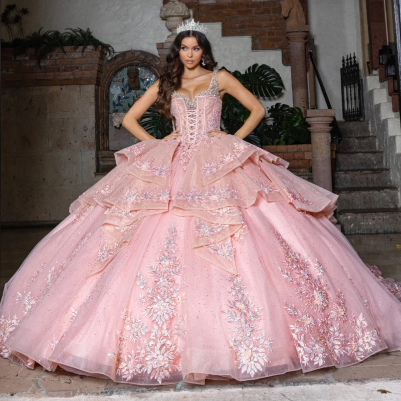 Pink Shiny Off The Shoulder Ball Gown Quinceanera Dresses Appliques Lace Beading Crystal Bow Tull Sweet 16 Dress vestidos 15 De Anos