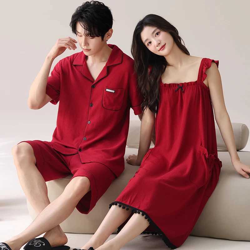 Pajamas Lovers Festive Red Color Fashion Men Short Sleeve Shorts Cardigan Pajamas Sets Summer Sling Nightgowns For Young Female W250717