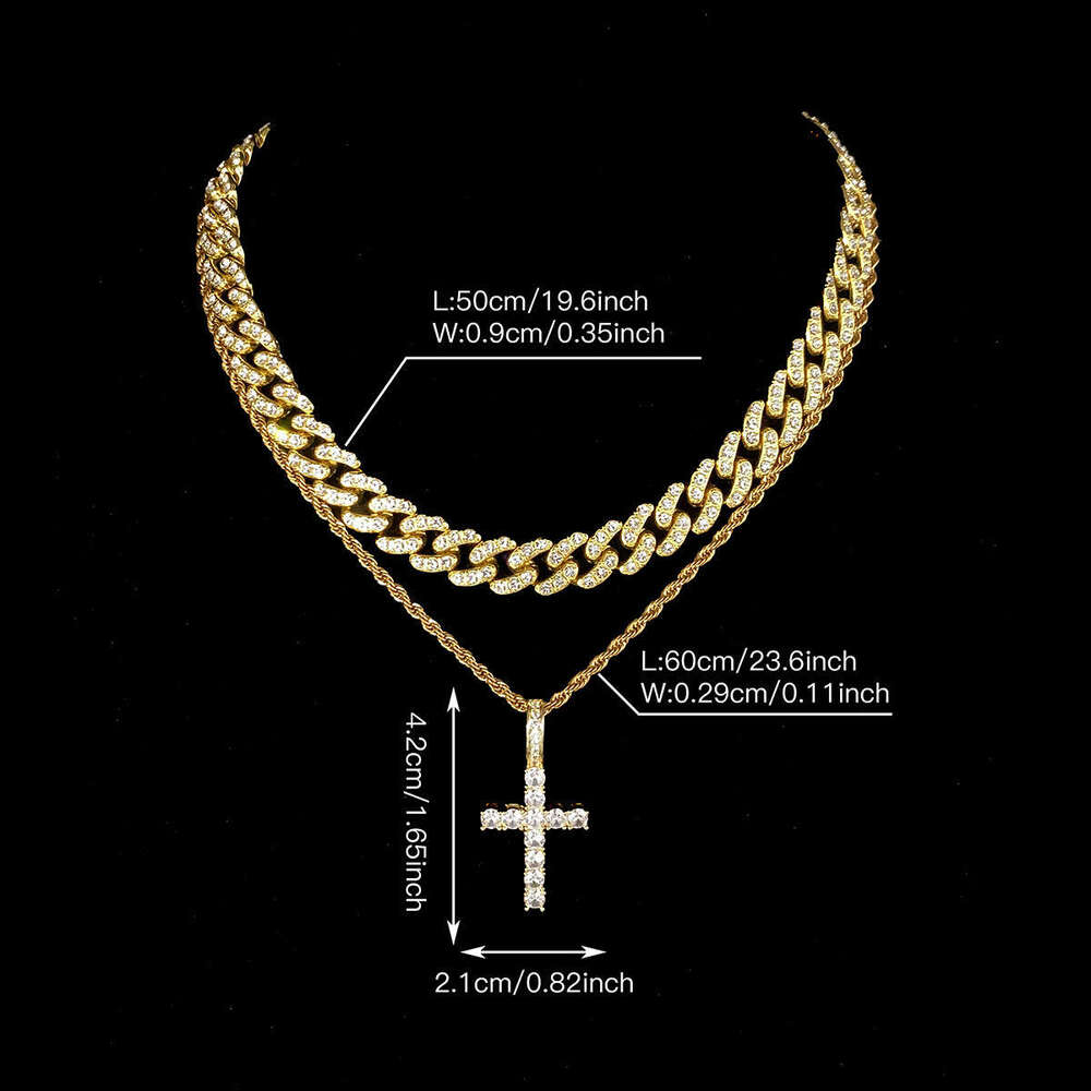Full Dia Cross Pendant Fashion Creative Hip Hop Trend Alloy Cuban Chain Trendy Necklace Layering Set