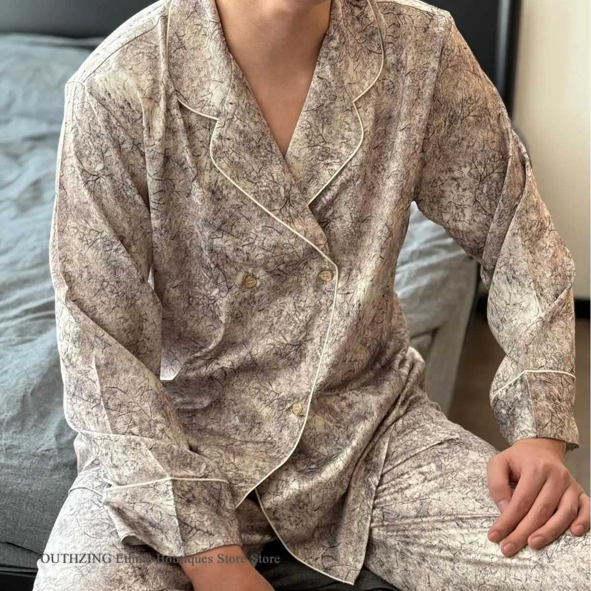 2PCS Mens Pajamas Set Nightwear Fashion Print Couple Sleepwear Trouser Suits Loungewear Loose Ice Silk Satin Homewear Pajamas W250717