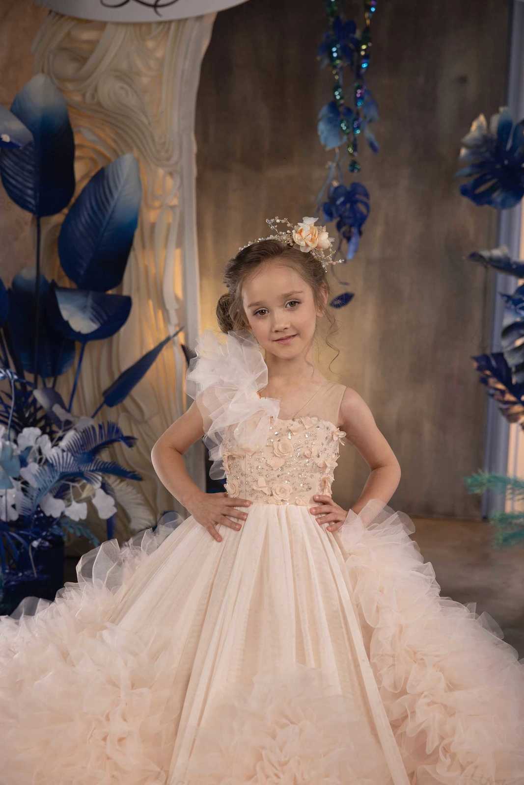 Blush Pink Flower Girl Dress For Wedding Puffy Sequins Applique Tiered Sleeveless Kids Birthday Gowns Luxury Princess Dress Z250716