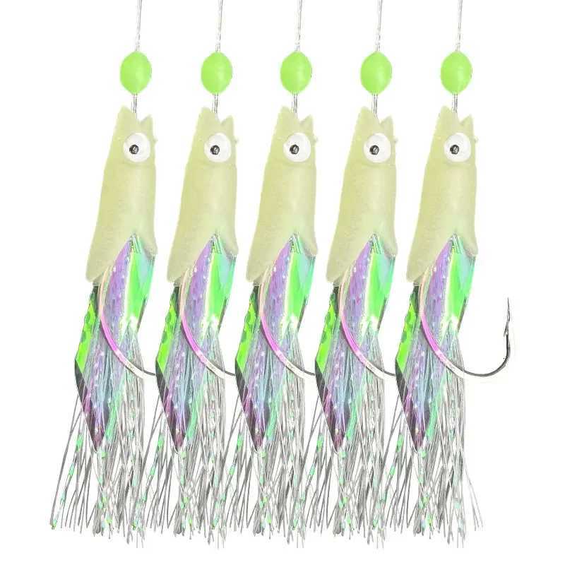 5 Hooks Sabiki Rigs Saltwater Bait Rigs Real Fish Skin String Hook Mackerel Glow in The Dark Flash Sabiki Rigs Z250717