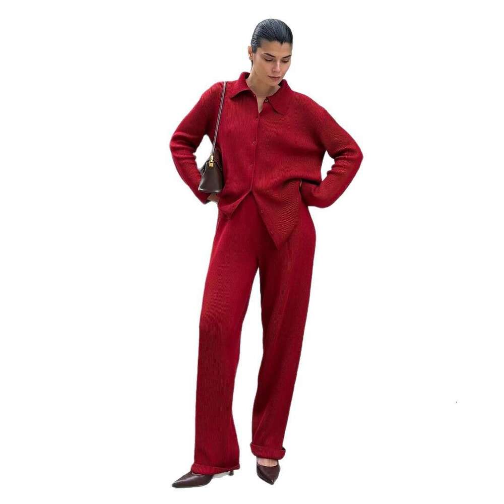 Turn-Down Collar Long Sleeve Knitted Autumn Winter New Style Elegant Loose Commuting Ribbed Sweater Suit B5