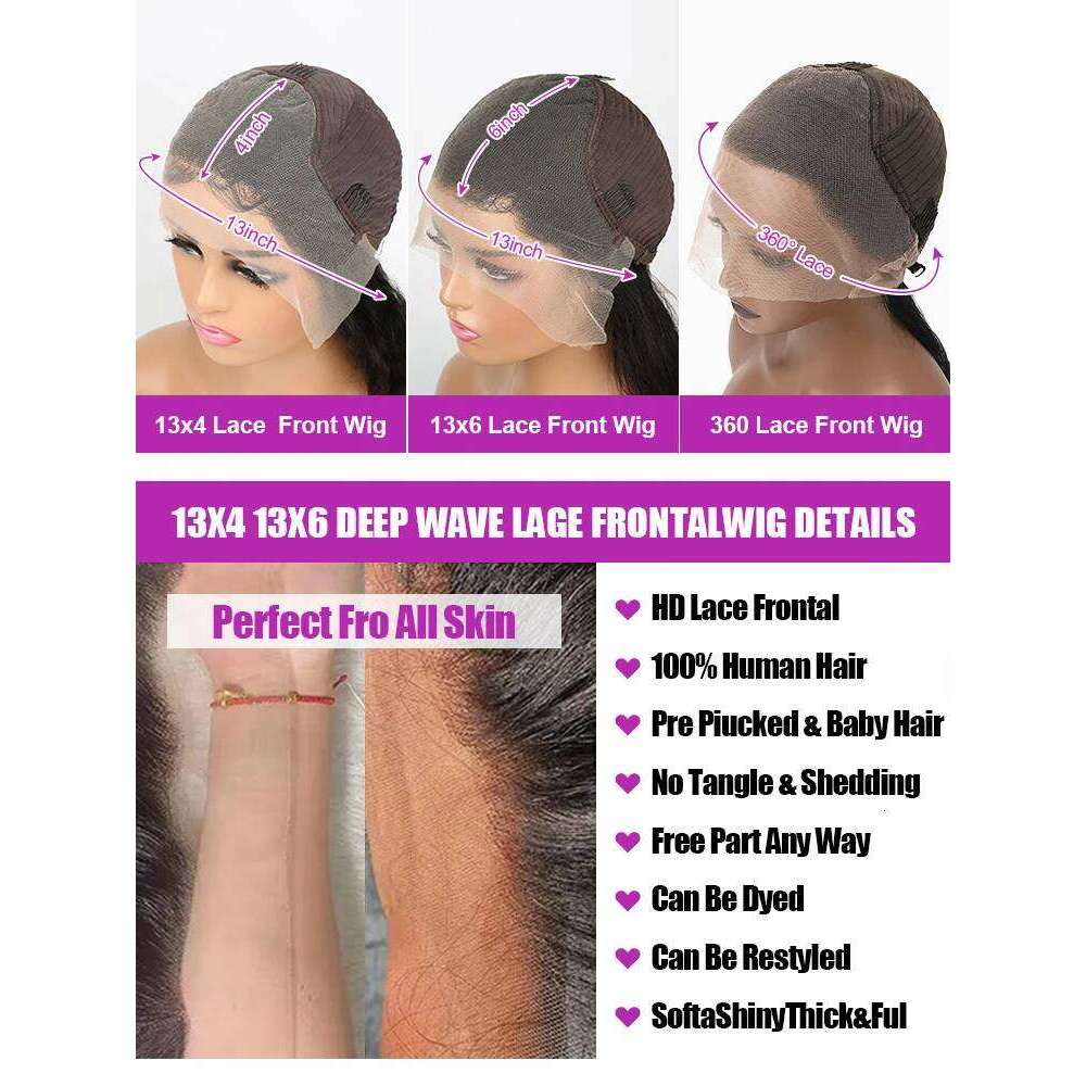 Transparent 250% Density Water Culry 360 Full Frontal Human Hair 40Inch Deep Wave 13x4 13x6 Hd Lace Front Wig For Women
