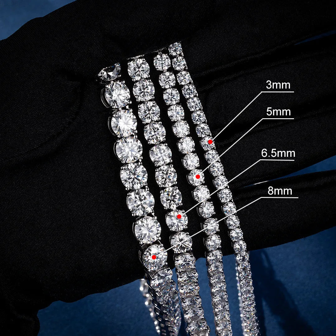 925 Sterling Silver Hiphop Tennis Chain 3-8MM VVS Iced out Moissanite Necklace Passes Diamond Tester