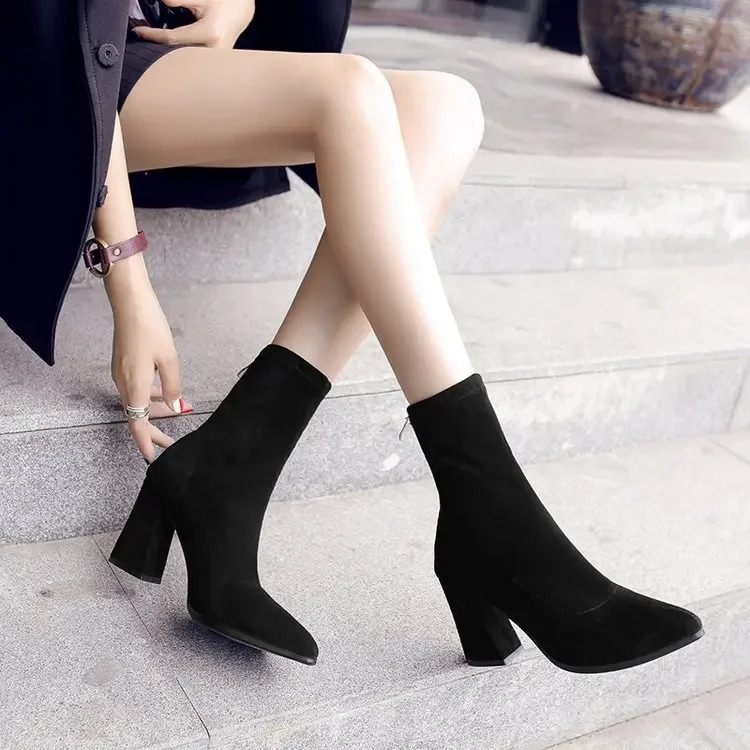 Ankle Chunky High Heel Sock Chelsea Boots Women Autumn Fashion Pointed Frosted Suede Short Boots Female Pumps Sexy Warm Boots 250716