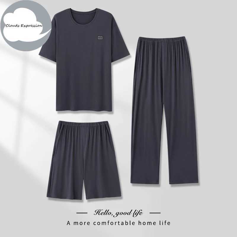 Summer New Modal 3 Pieces Pjs Short-sleeved Mens Pajama Sets Male Pajamas Plaid Loungewear Sleepwear Homewear 4XL PJ Clothing W250717