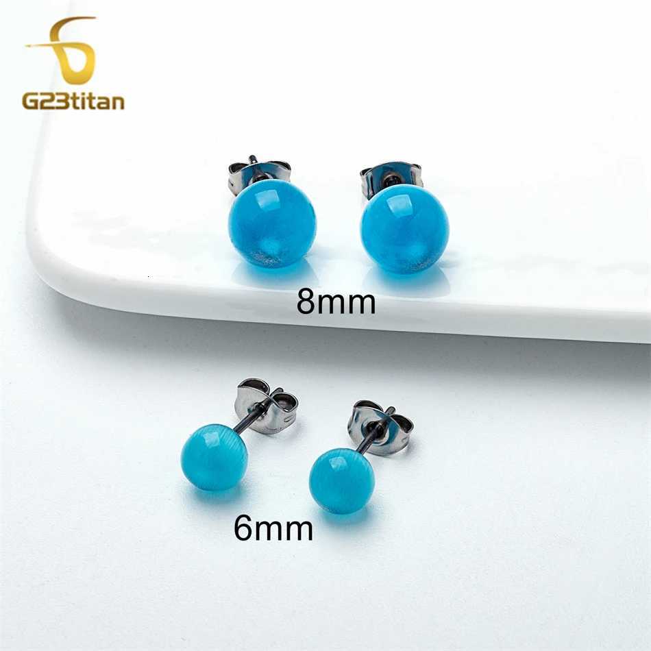 Blue Cat Eye Opal Stone Earrings For Women Lady Medical G23 Titanium Lobe Piercing Jewelry Round Ball Bead Ear Stud Girls Gift y250715