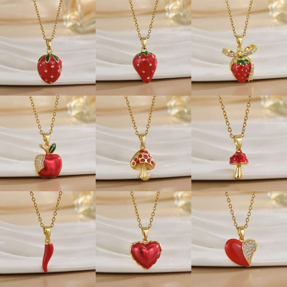 Trendy Oil-Drip Strawberry Cherry Fruit Necklace For Women, Light Niche High-End Titanium Steel Non-Fading Collarbone Chain Dd0
