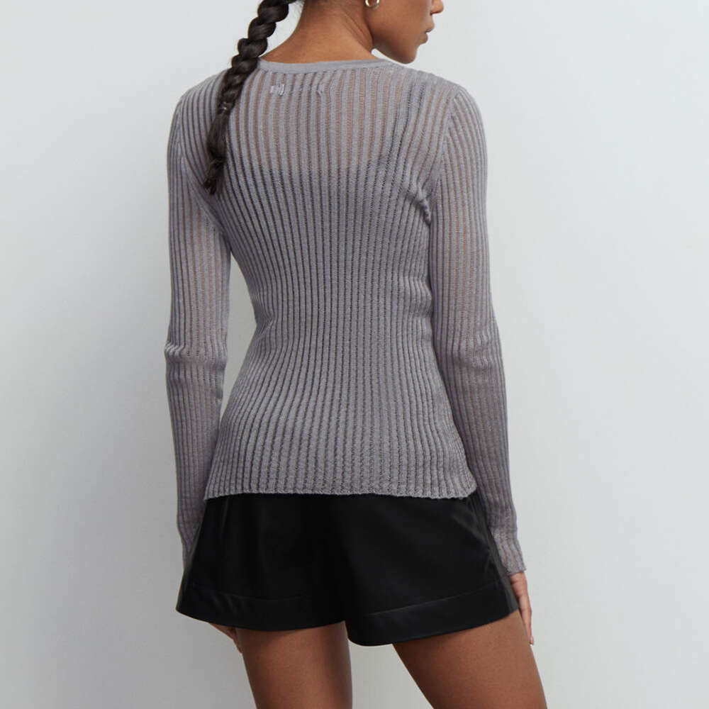 Hollow Out Spring Summer Sexy Slim Fit Wool Round Neck Long Sleeve Thin Ribbed Knit Sweater B5