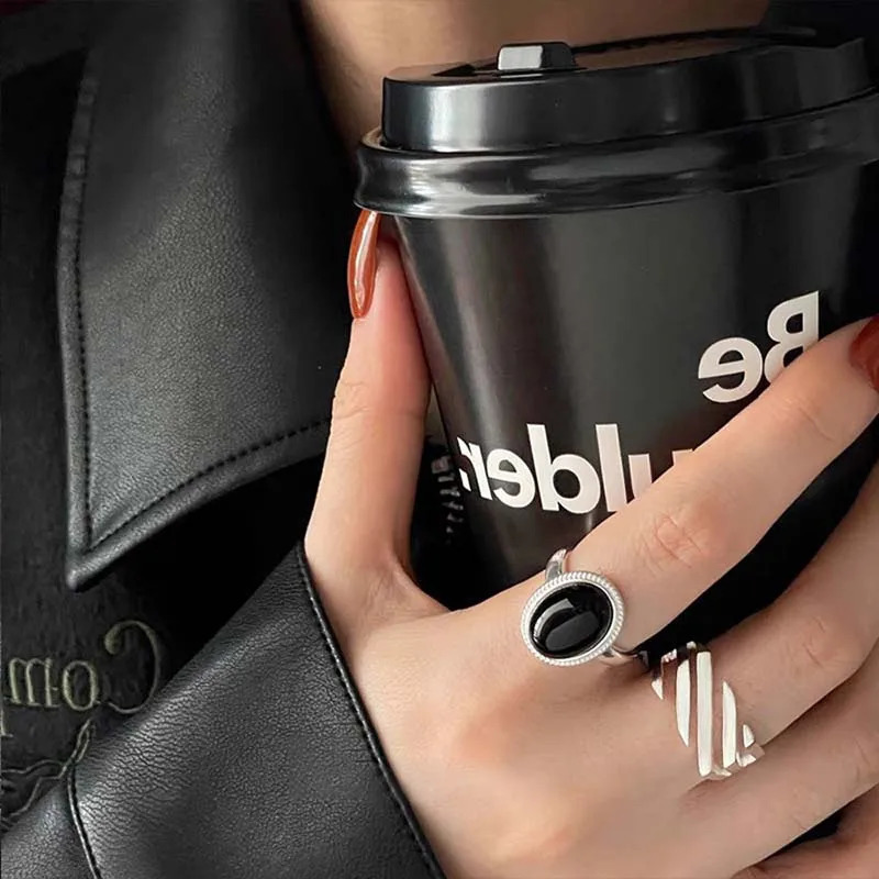 Fashion Silver Color Black Stone Rings for Women Girl Korean Simple Geometric Open Adjustable Handmade Couple Ring Jewelry Gifts 250716