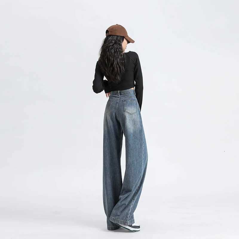 Autumn Woman Jeans High Waist Wide Leg Cotton Denim Clothing Straight Pants Fashion Comfort Retro Blue Casual Trousers R250716