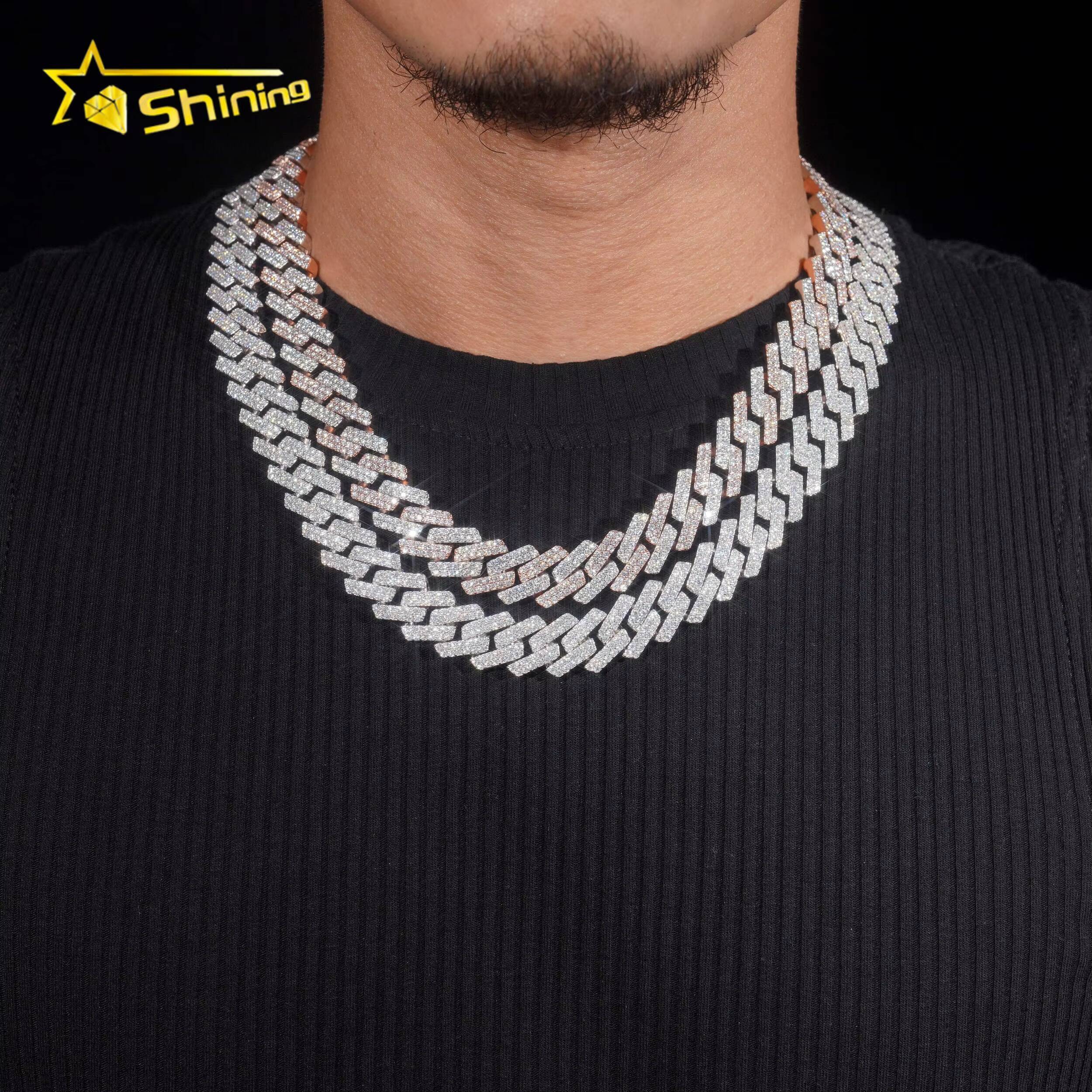 Hip Hop Jewelry High Quality 15mm Two Row Popular 925 Silver Moissanite Iced Cuban Link Chains