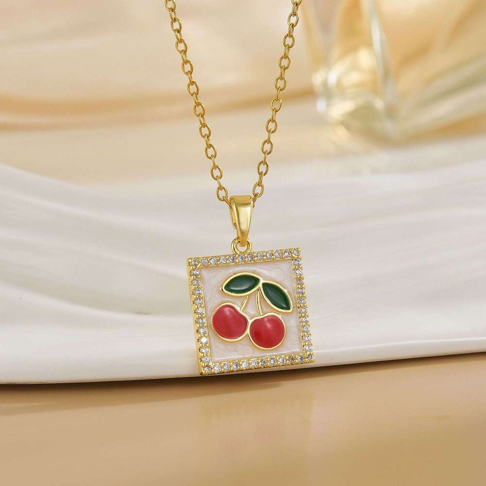 Hot Selling Fashion Simple Fruit Cherry Red Pendant Enamel Women's Collarbone Versatile Necklace Wholesale C9a
