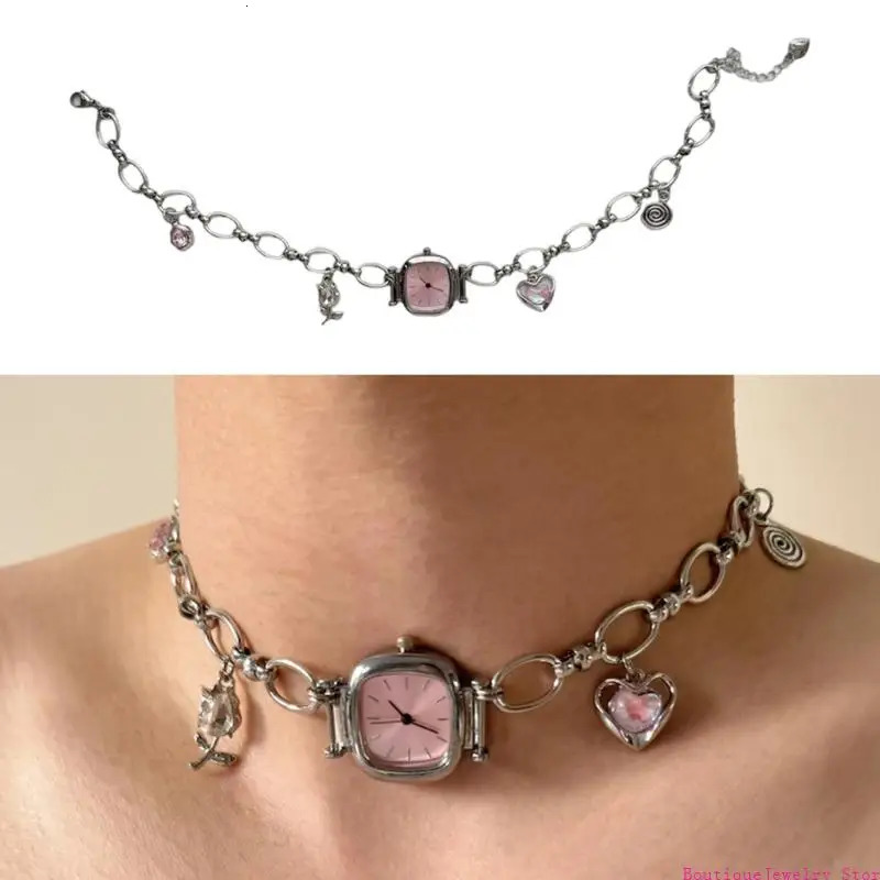 E1PE Heavy Duty Vintage Collarbone Chain Alloy Mechanical Watch Pendant Necklace Unique Sweet Cool Jewelry Gift for Women 250716