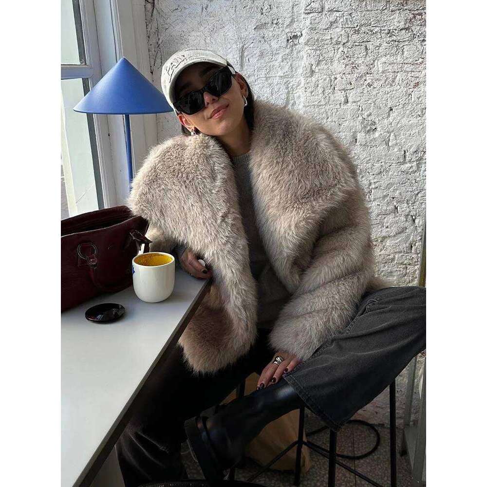 DUOPERI Women Fashion Winter Solid Thick Warm Faux Fur Coat Lapel Collar Long Sleeves Female Chic Lady Casual Outfits