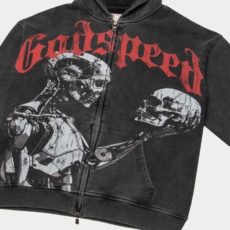 Streetwear Gothic Punk Y2K Men Hip-Hop Godspeed Retro Skeleton Print Zippered Hoodie High Street Casual Oversized Sweatshirt S25716