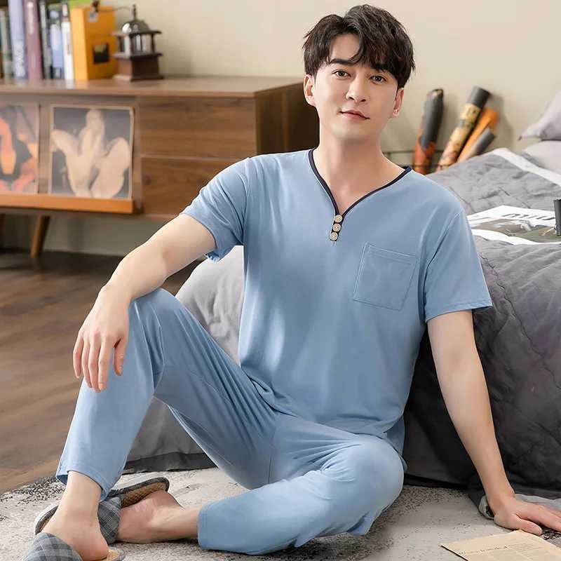 Mens Modal Cotton Pajamas Set Summer Short-Sleeve Tops + Long Pants Nightwear Home Wear Suits Simple Fashion Sleepwear for Men W250717