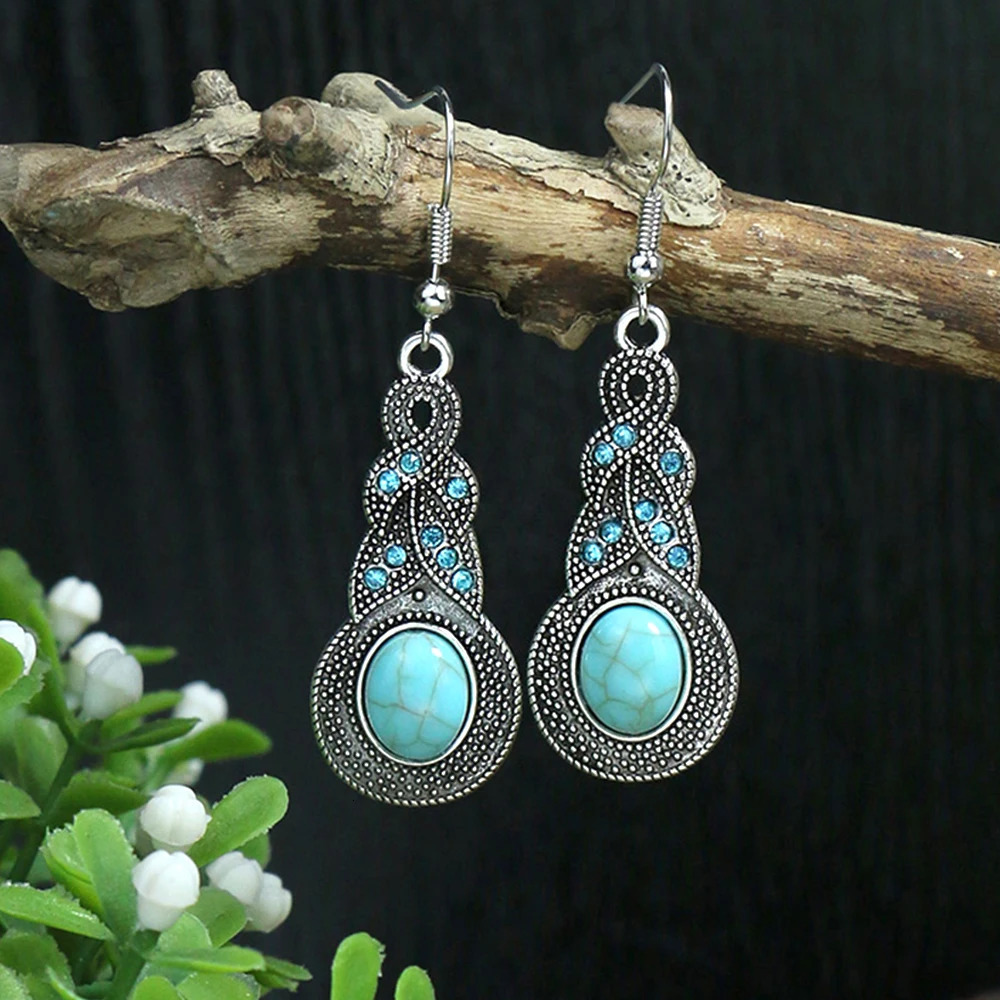 Ancient Silver Ethnic Style Earrings Turquoise Inlaid Beads Bell Leaves Birds Embellishment Personalized Accessories Gift Party 250716