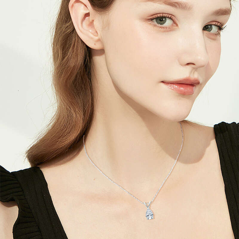 Classic S Sterling Sier Pear-Shaped Lamosan Stone Necklace Water Drop-Shaped Fairy Collarbone Chain 1E9