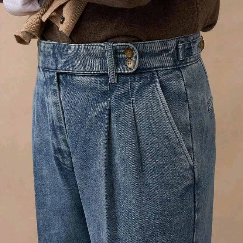 Mens Naples Slim-fit High Waist Dress Denim Pants Fashion Solid Color British Retro Premium Elegant Leisure Trousers 250707
