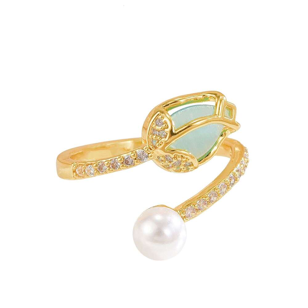 Korean Style Cat's Eye Stone Tulip Flower Ring For Women, Copper Plated With Real Gold, Fashionable, Simple, High-End Jewelry 0D6