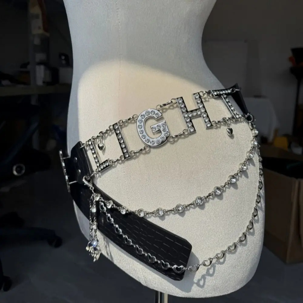 Vintage Punk Letters Rhinestone Belts Y2K Trendy Waist Chain Women Fashion Metal Bead Chain Belts for Club Party 250716