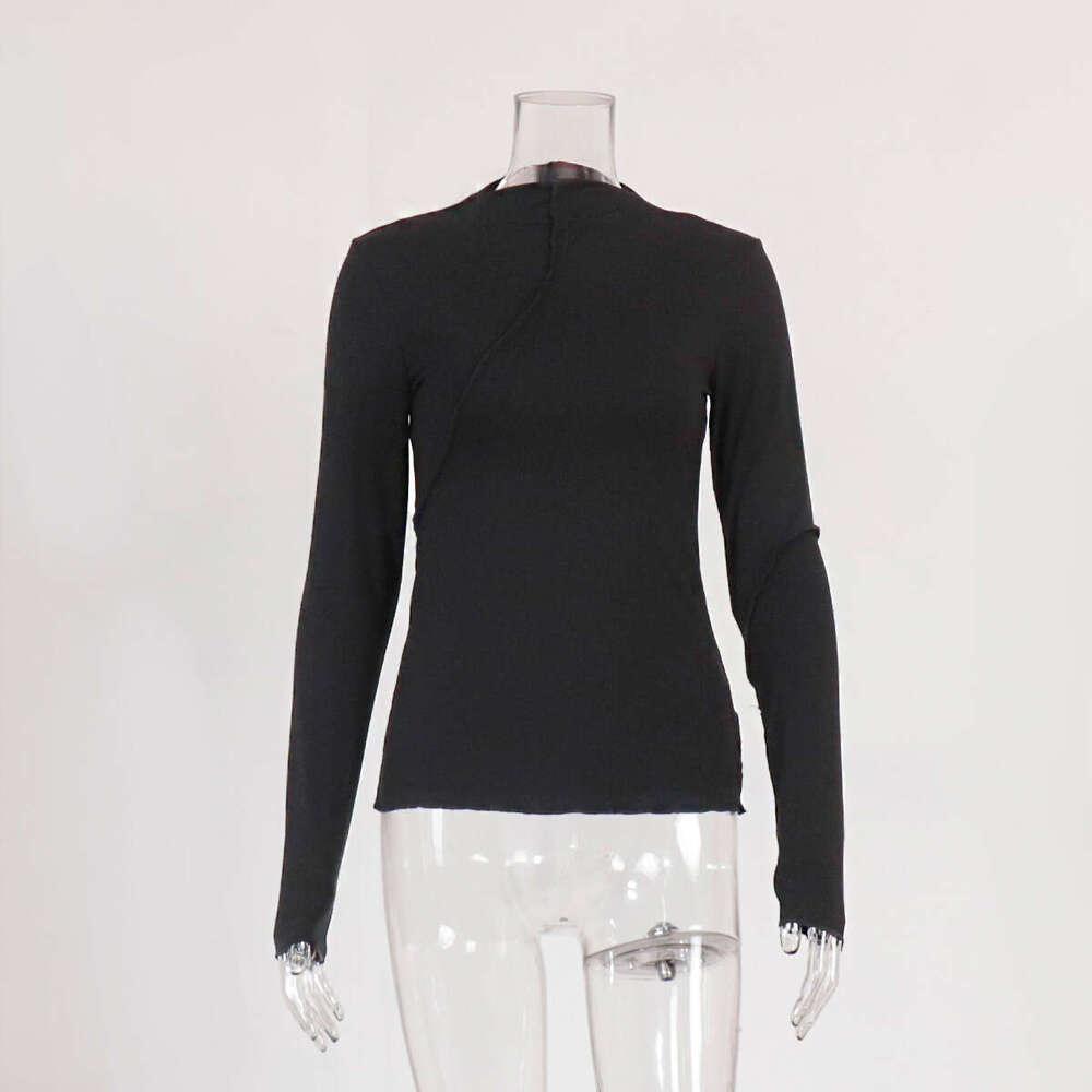 Half Turtleneck Base Shirt Spring Summer Fashion Asymmetric Design Slim Fit Long Sleeve Pullover T-Shirt B5