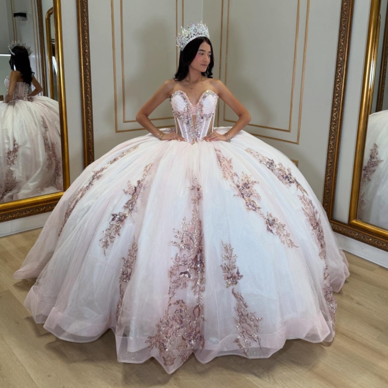Light Pink Shiny Quinceanera Dresses Ball Gown Off The Shoulder Applique Lace Beads Tull Corset White Lining Party Birthday Sweet 16 Dress Vestidos De