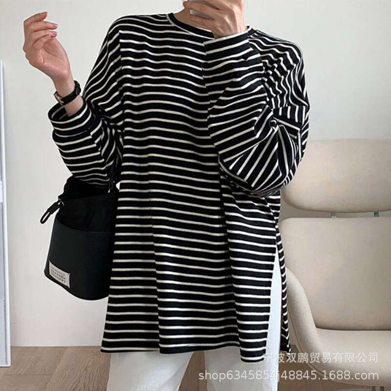 Spring Summer Fashion Loose Cotton Striped T-Shirt For Women Casual Round Neck Long Sleeve Split Top Style B5