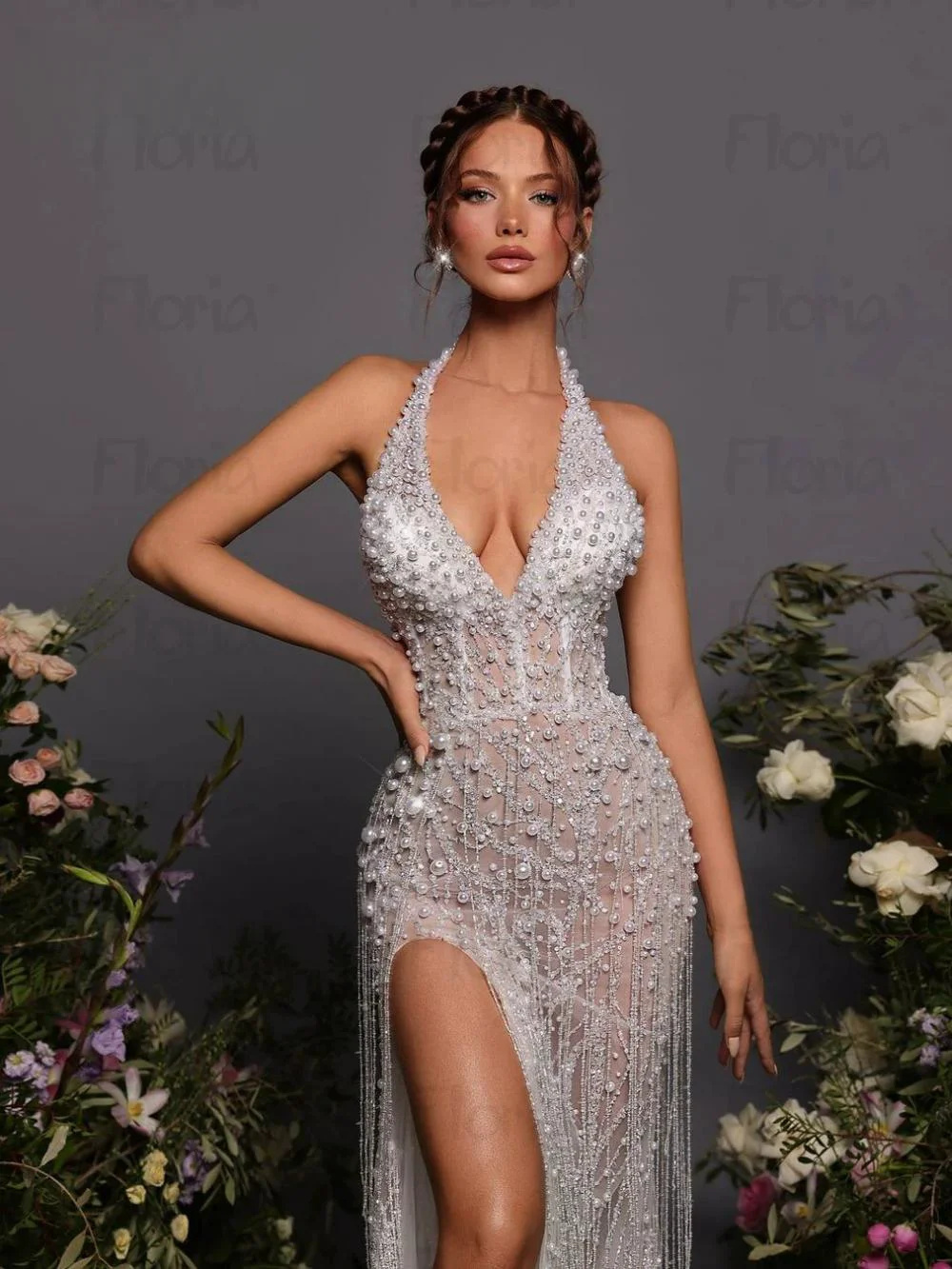 Exquisite Halter Pearls Mermaid Prom Dresses Fashion Sleeveless Sequined Lace Evening Dress Side Slit Party Gown Customized