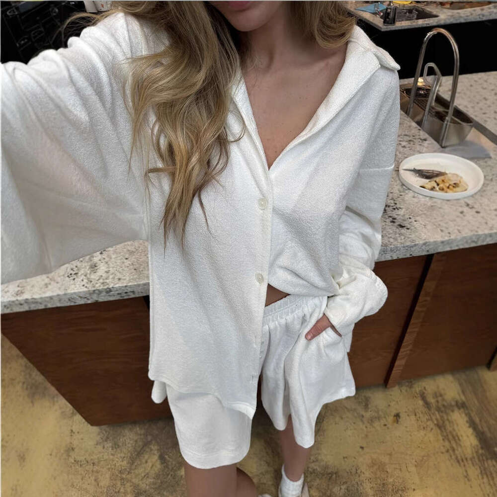 Summer Simple White Shirt Cardigan Long Sleeve Terry Cloth Two-Piece Set Loose Comfortable Women's Homewear B5