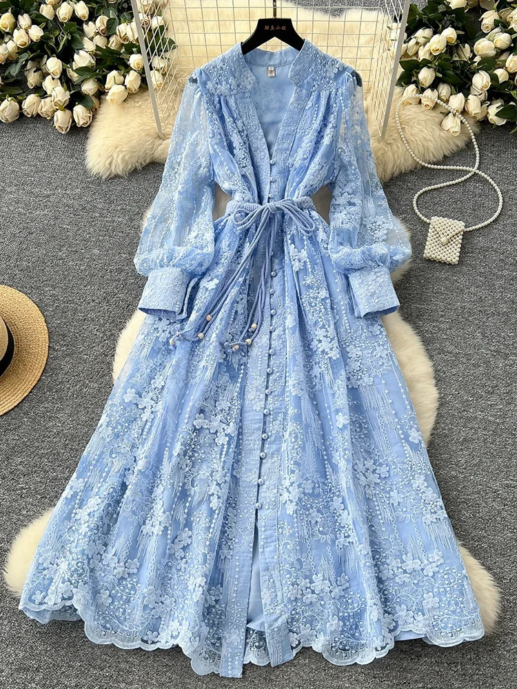 Spring Autumn French High-end Womens Dress Lace Embroidery V-neck Lantern Sleeves Single Breasted Party Birthday Dress C192 250716