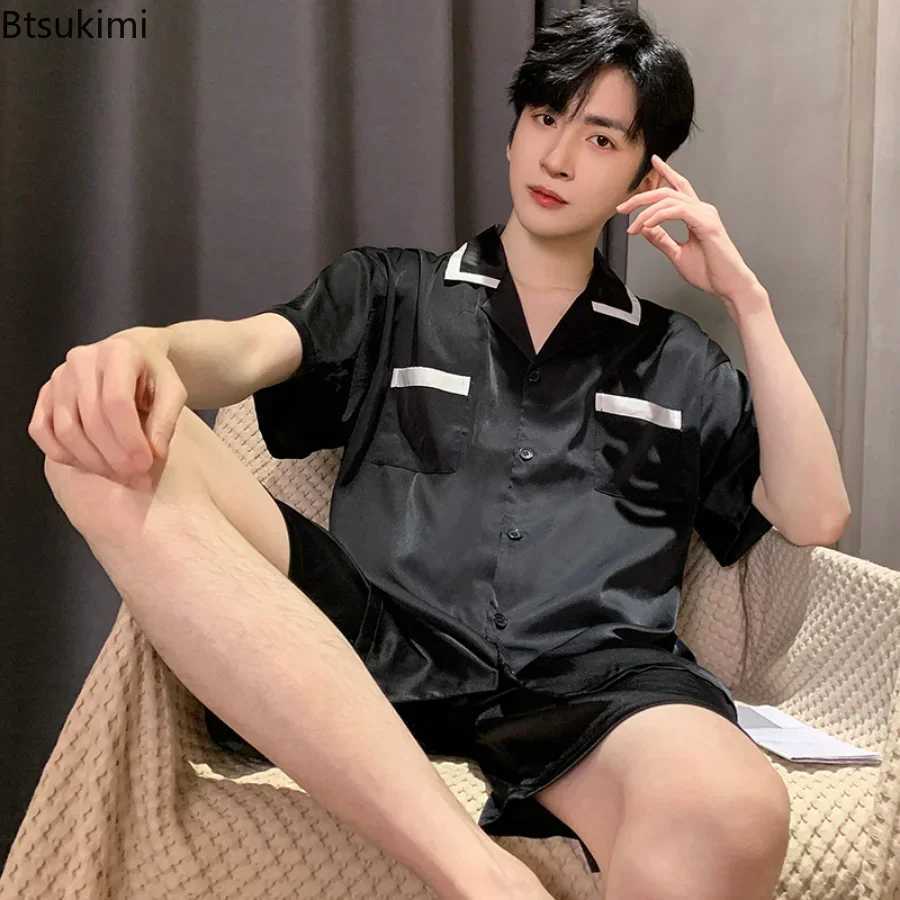 2025 Mens Pajama Sets Silk Satin Pajamas Turn-down Collar Sleepwear Short Sleeve Summer Nightwear Male 2 Pieces Sets Homewear W250717