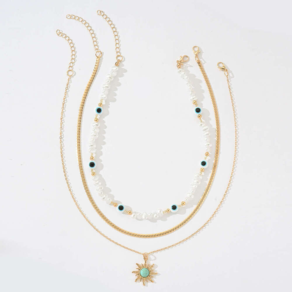 Trendy Eight-Pointed Star Pendant Necklace Layered High-End Demon Eye Imitation Pearl Jewelry for Women