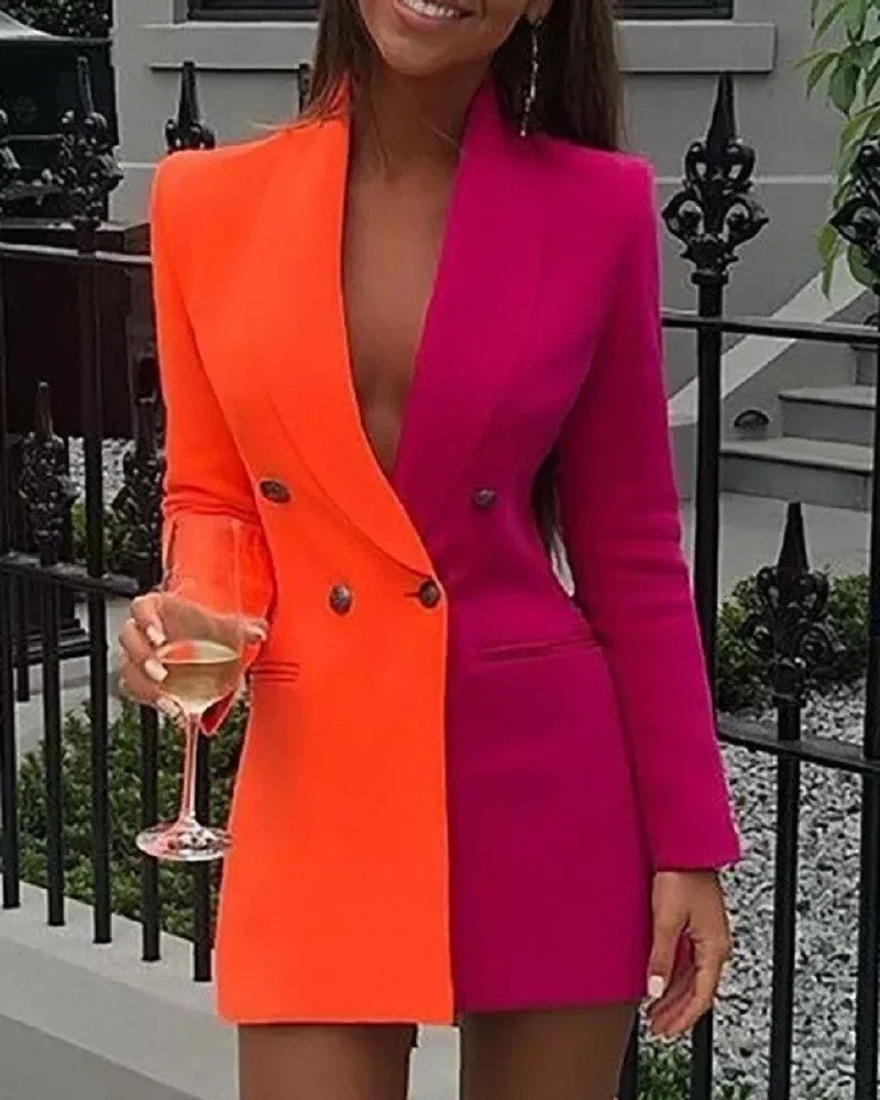 Women Blazer Elegant Office Lady Suit Thin Spring V-neck Female Long Sleeve Patchwork Slim OL Double Breasted Dress Coat 250715
