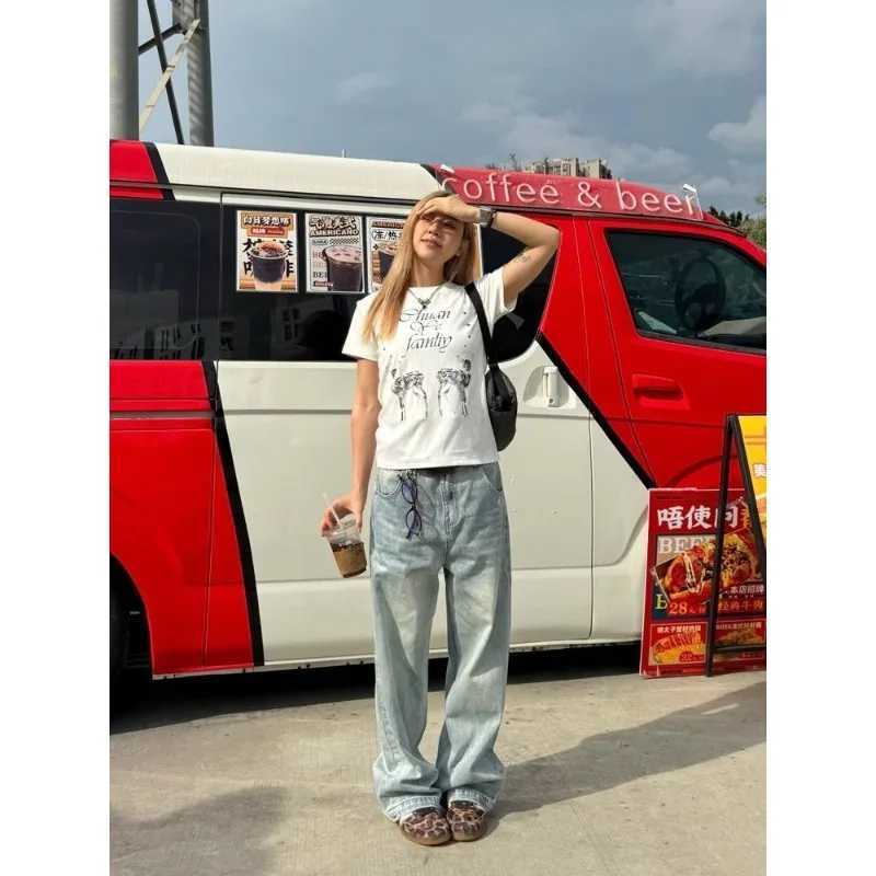 Wash Retro Light Blue Neutral Denim Trousers Womens Summer Cool Girl Pants Vintage Bottoms Female High Waist Wide-leg Jeans R250716
