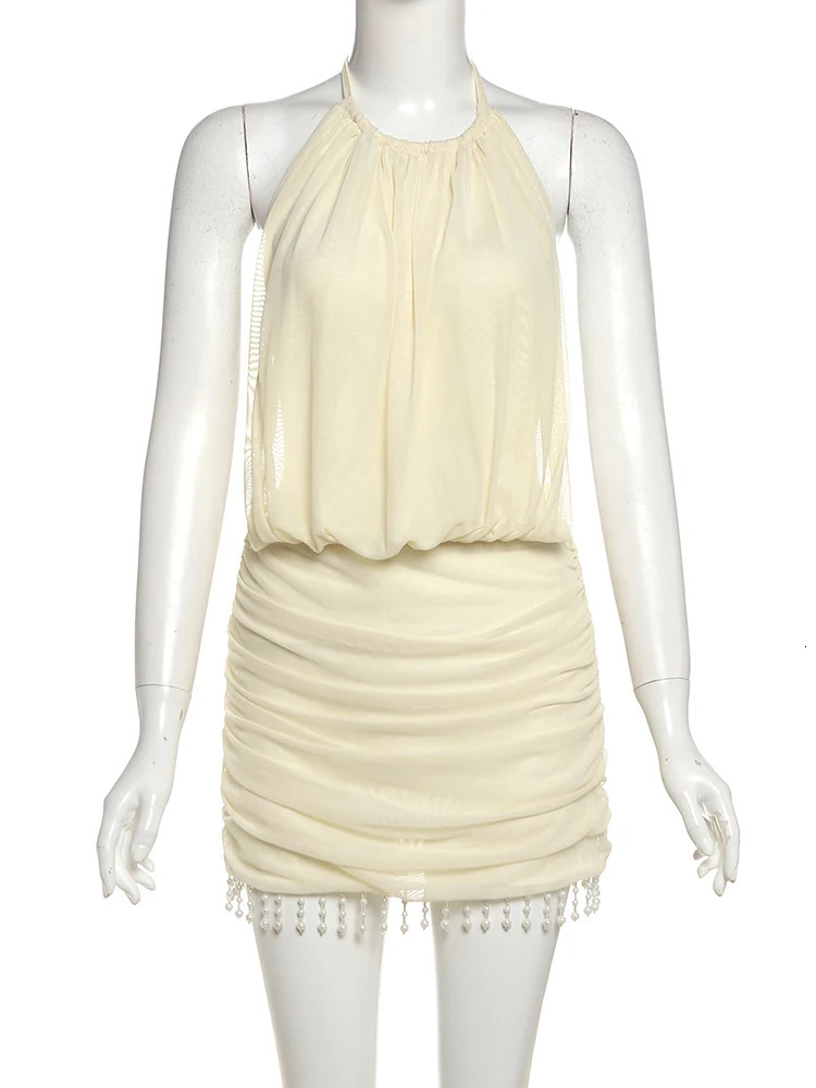 Weird Puss Mesh Patchwork Mini Dress Women Lace-Up Halter Sexy Backless Pearl Tassel Midnight Club Party Ruched Elegant Outfits 250715