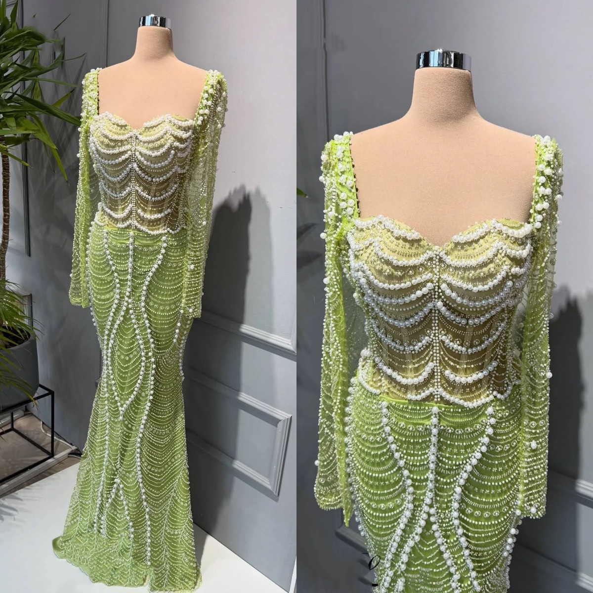 Luxurious Mermaid Women Evening Dresses Sweetheart Neck Long Sleeves Gown Pearls Beaded Sequins Sweep Train Dress For Party Custom Made