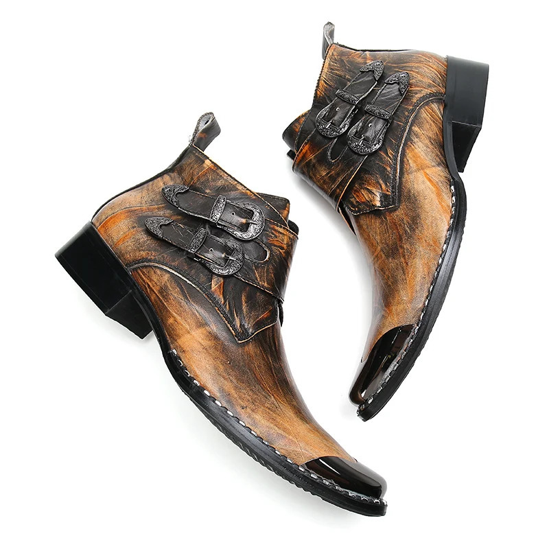 Retro Motorcycle Boots Steel Pointed High Heels Western Brown Double Buckle with Side Zipper Denim Boots for Men 250715