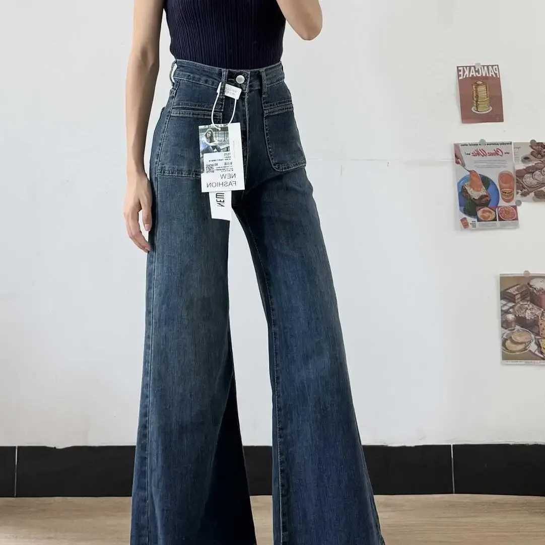 Womens Autumn New Fashion Retro Micro-flared Jeans Solid Color High-waisted Straight Wide Leg Pants Loose Floor-length Jeans R250716