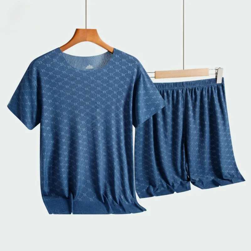 Summer Men Loungewear Printed Ice Silk T-Shirt Short Sleeve Casual Pajamas Crew Neck Short Sleeve Shorts 2 Piece Set Sleepwear W250717