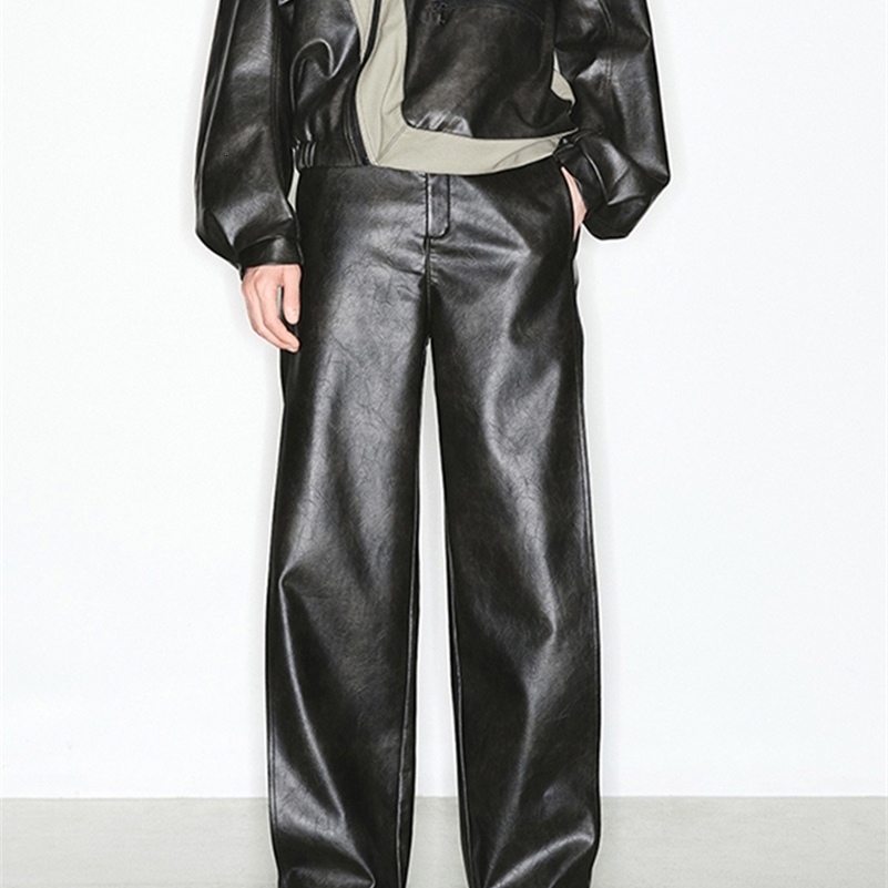 Mauroicardi Spring Autumn Long Loose Casual Cool Black Pu Leather Straight Pants for Men Clothes Trouser 2023 y250704