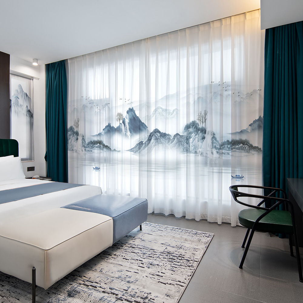 YL-36602 New Chinese style gauze curtain ink landscape painting curtain Chinese style 2025 new living room partition curtain light-transmitting but no